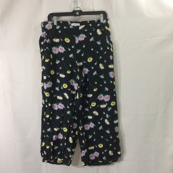 LOFT Wide Leg Pants Black Floral Linen Blend Pull On Summer Crop Elastic Waist M - Picture 1 of 5